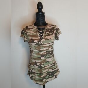 Green and Brown Fitted Cut Out T-Shirt Blouse